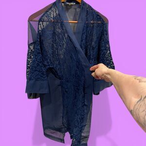 Cute vintage navy Lingerie lace kimono robe sexy negligee lounge sheer mesh